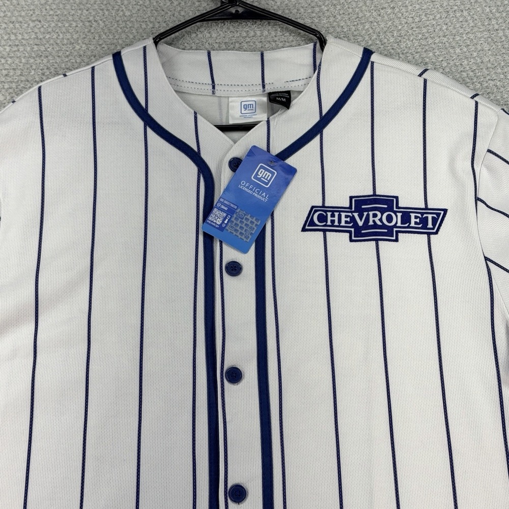 GM Chevrolet Chevy Baseball Jersey Mens Medium White Blue Pinstripe Button - Picture 2 of 15